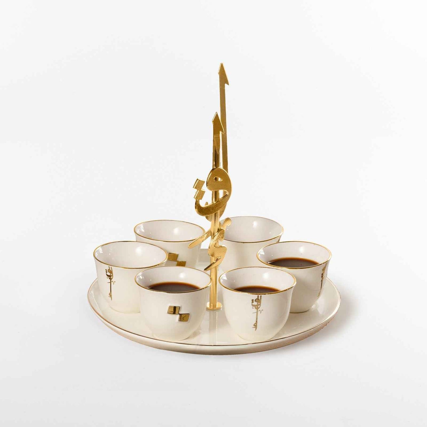 Liqa'a - Arabic Coffee Cups With Holder - Pearl White & Gold