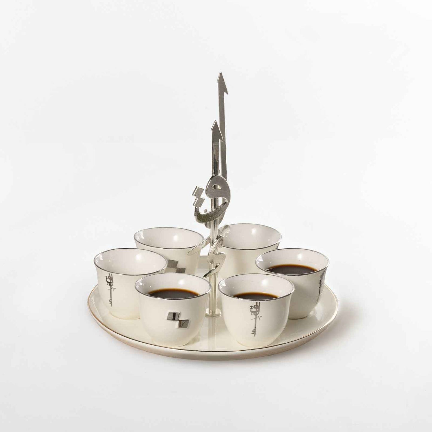 Liqa'a - Arabic Coffee Cups With Holder - Pearl White & Silver