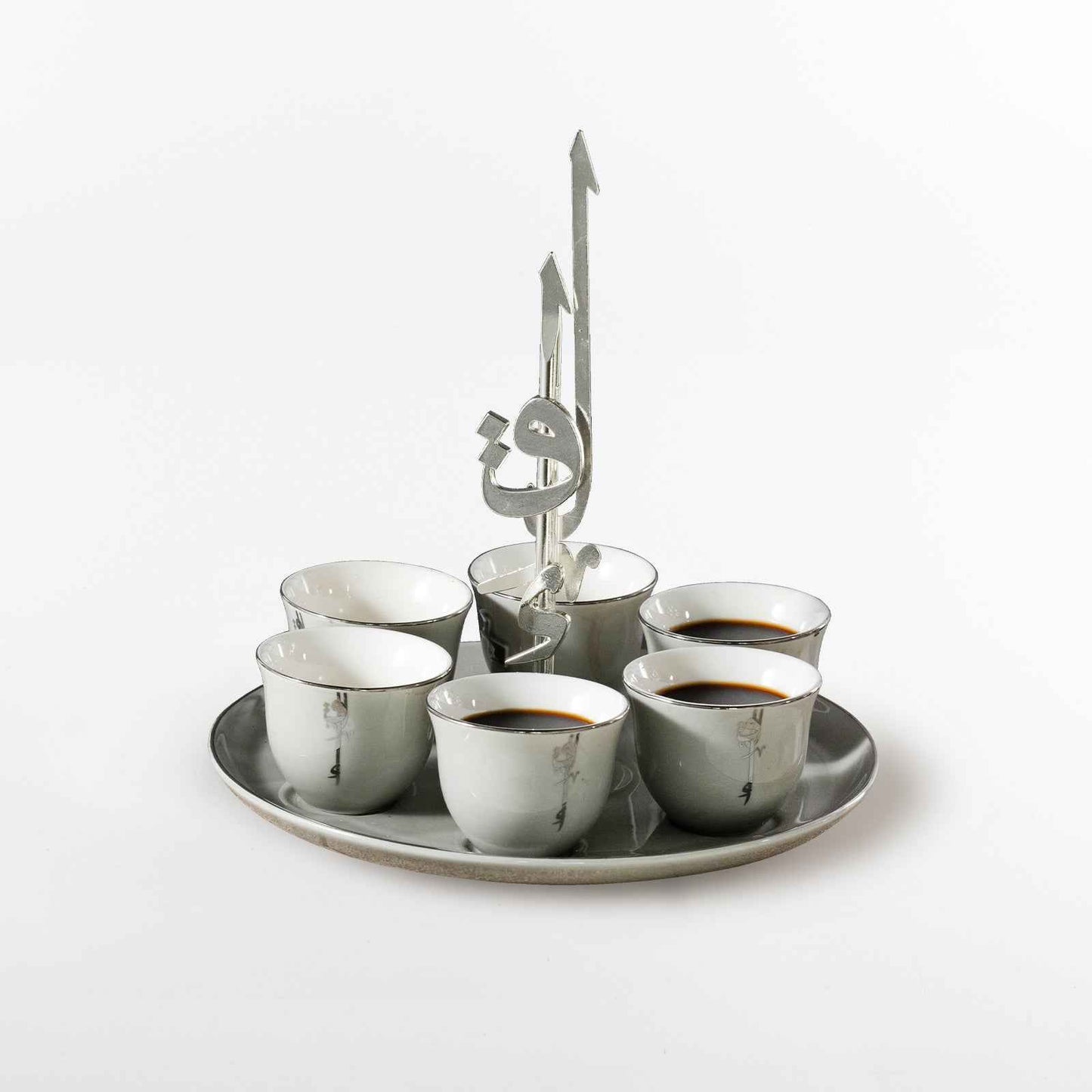 Liqa'a -Arabic Coffee Cups With Holder - Grey & Silver