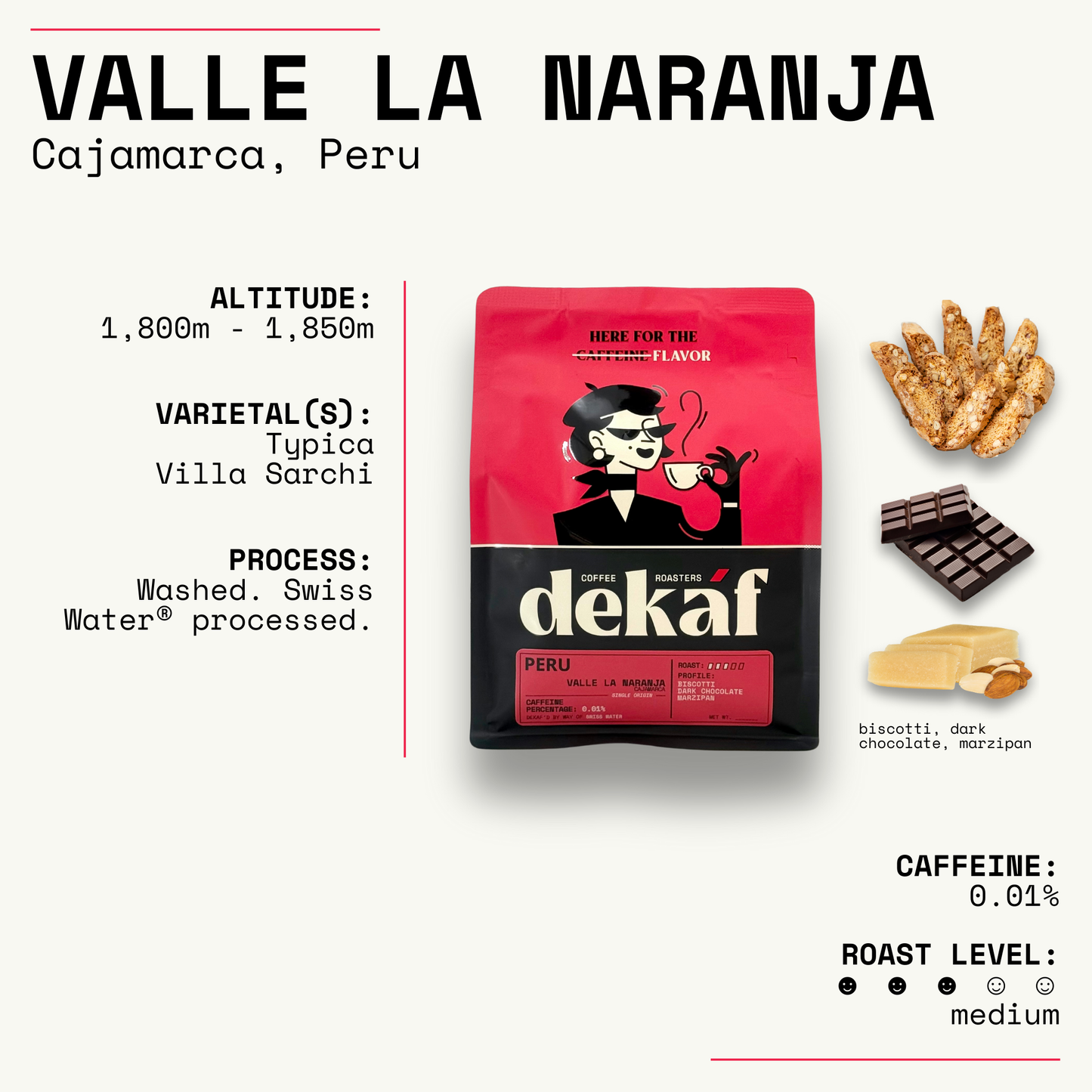 DEKÁF Peruvian decaf coffee beans in red and black bag with roasted coffee and flavor notes