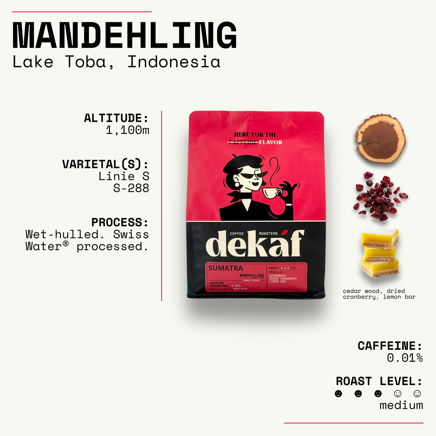 DEKÁF Decaf Sumatra Mandheling coffee beans package with tasting notes and roast level
