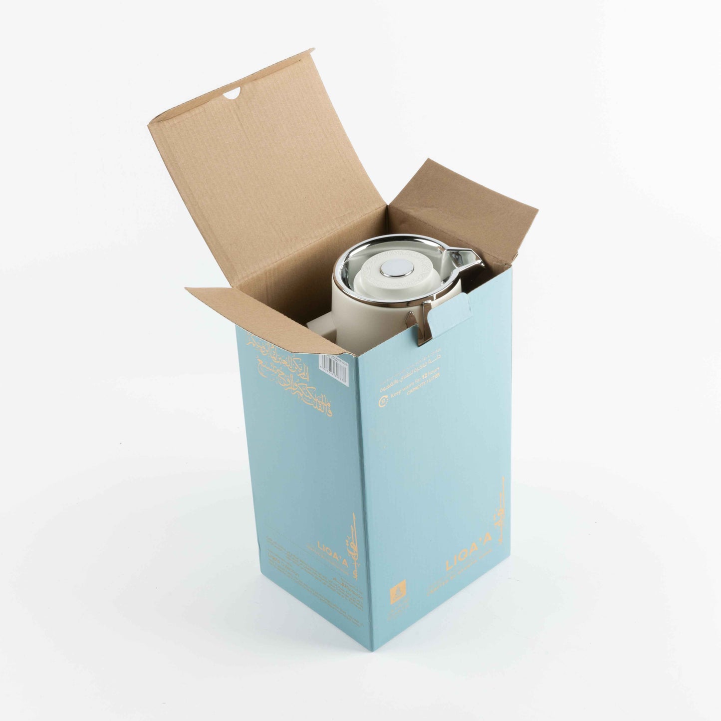 Pearl white vacuum flask partially visible inside an open blue packaging box
