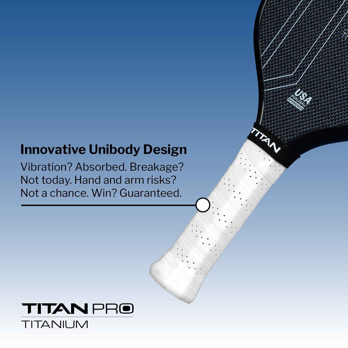 Titan Pro Titanium pickleball paddle with black textured face and white perforated grip