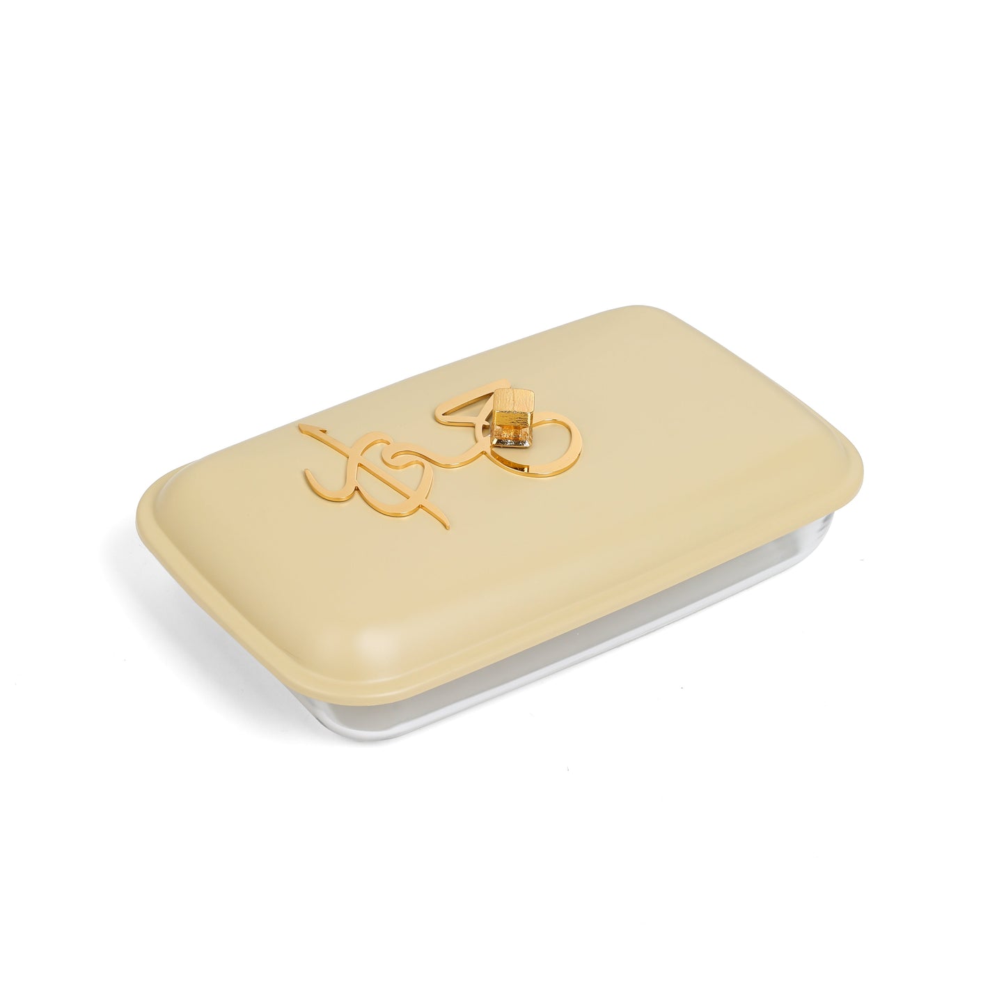 Ivory and gold pyrex chafer with a glossy lid and gold handles by Otantik Home