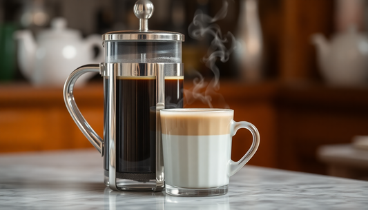 Coffee press with steaming cup of coffee