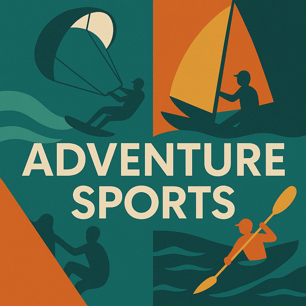 Adventure sports equipment collection featuring kite surfing, sailing, kayaking, and canoeing silhouettes