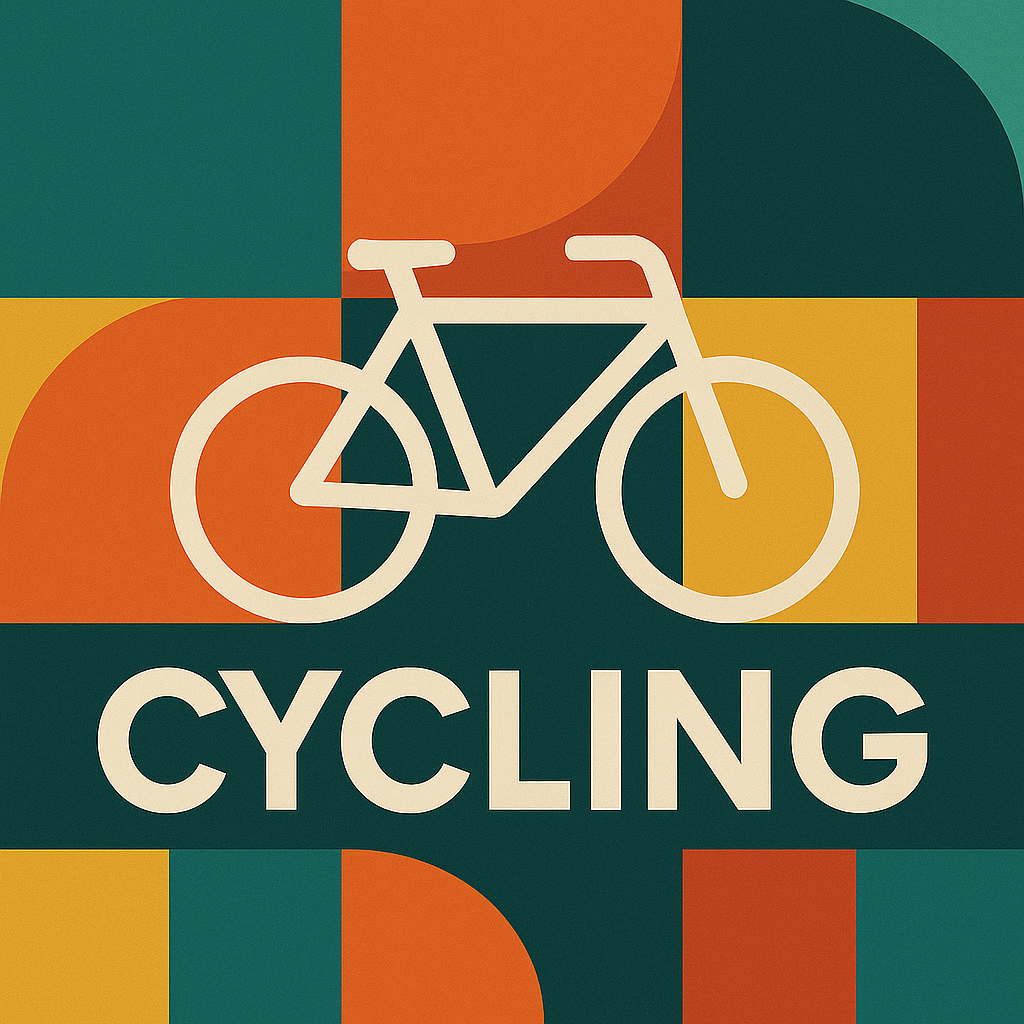 Abstract cycling graphic with bicycle icon and geometric shapes promoting cycling gear for sale
