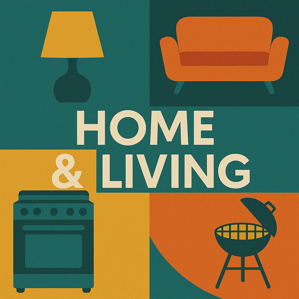 Home living collection featuring home decor items like lamp sofa stove and grill illustrations
