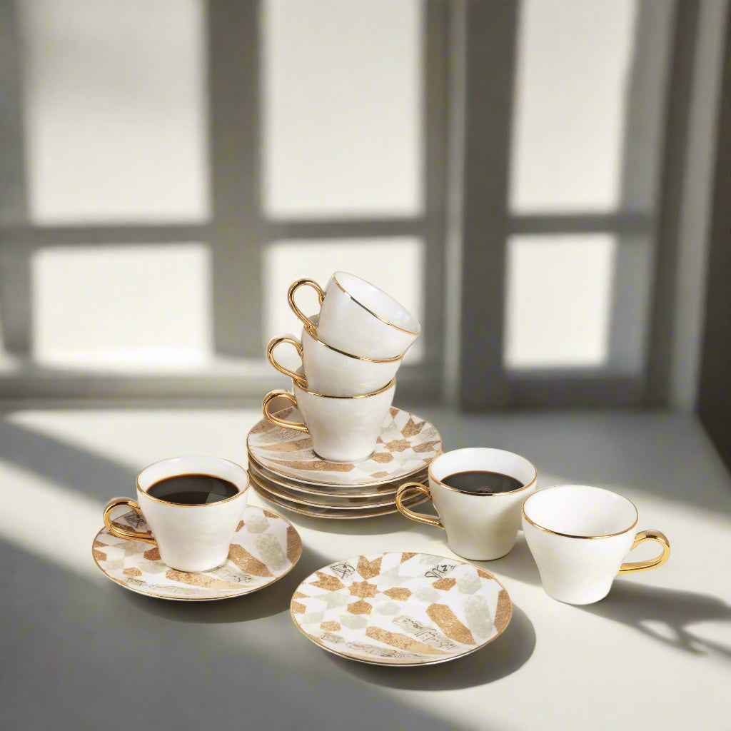Amal - Espresso /Turkish Coffee Cups, (12-Pc)- Beige & Gold