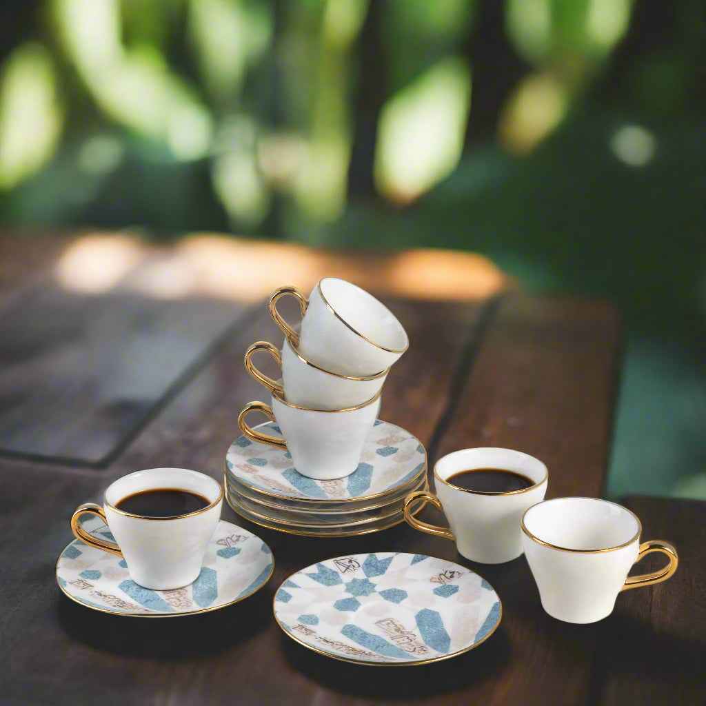 Amal - Espresso /Turkish Coffee Cups, (12-Pc)- Blue & Gold