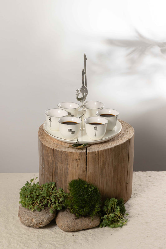 Liqa'a - Arabic Coffee Cups With Holder - Pearl White & Silver