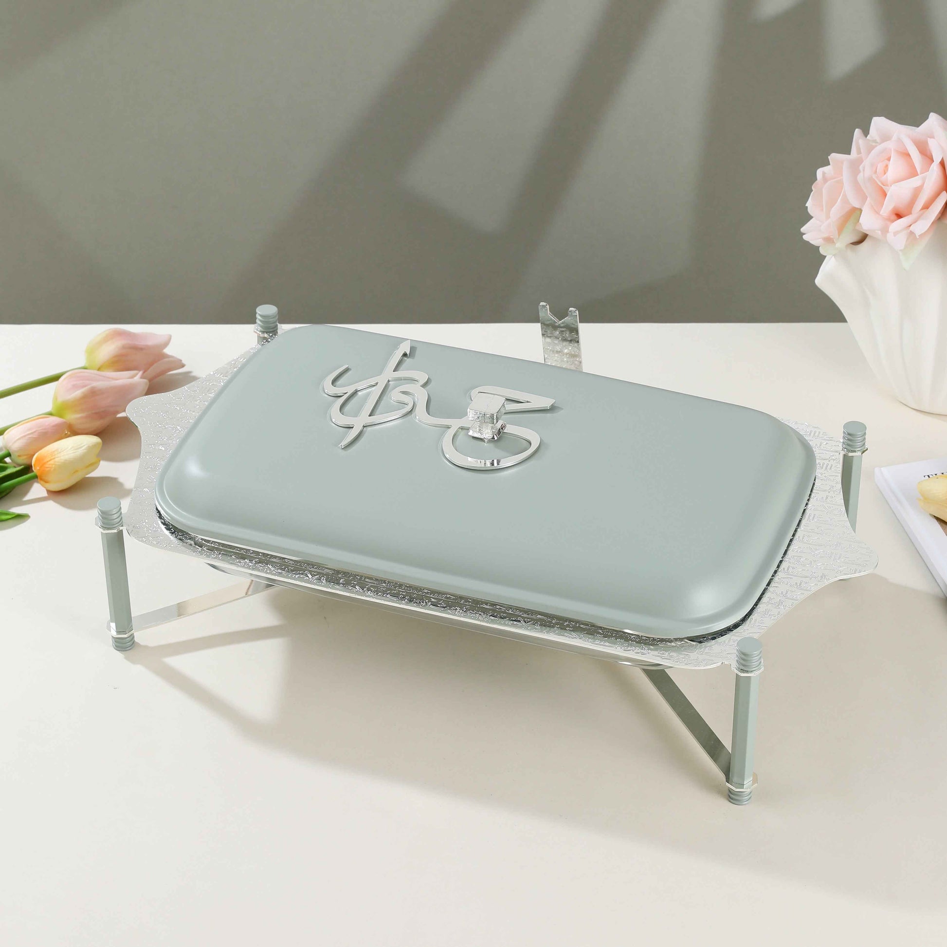 Jiwar - Large Twin Candle Pyrex Chafer -Mint Green  & Silver