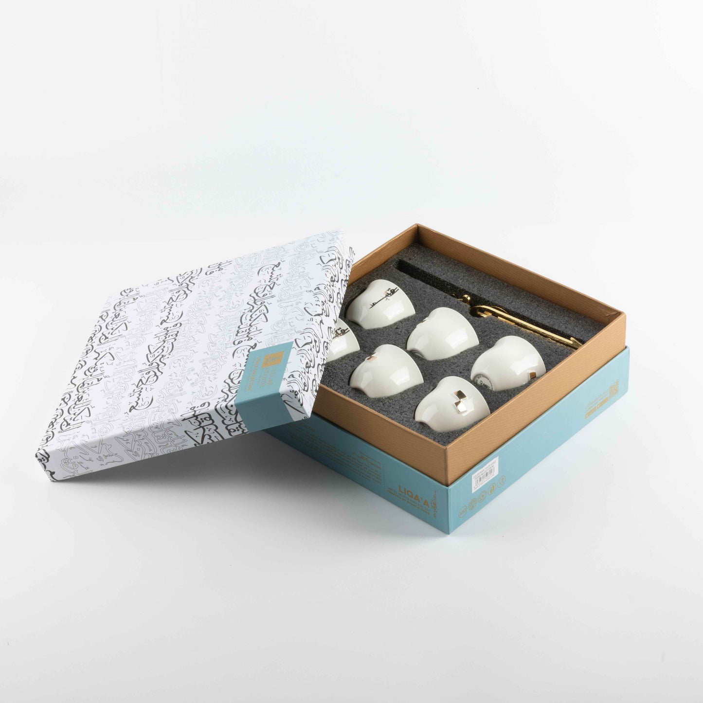 Otantik Home Arabic coffee cups with holder set in white ceramic with gold accents in a decorative box