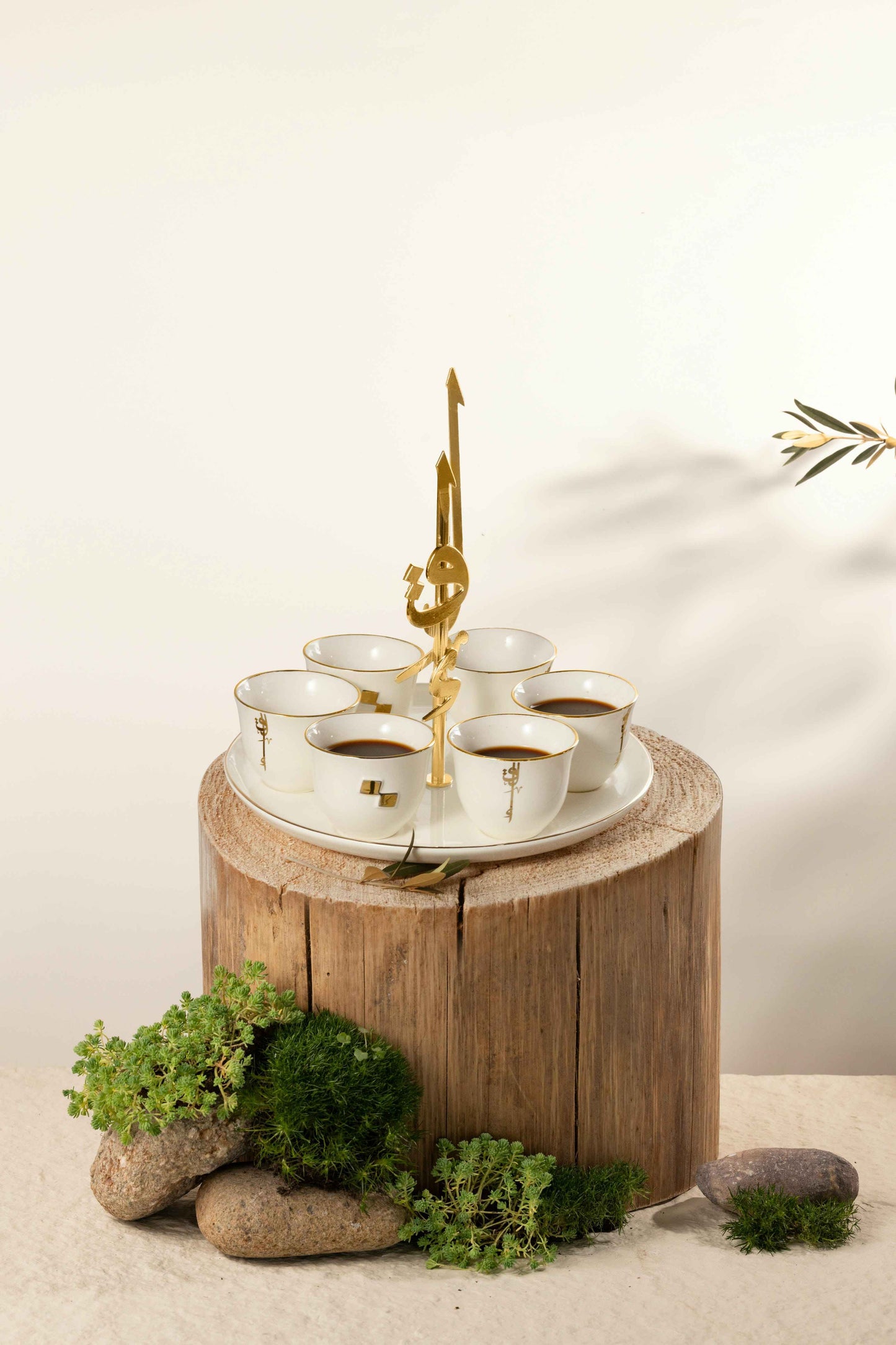 Otantik Home Arabic coffee cups with holder set on wooden stump with greenery decor