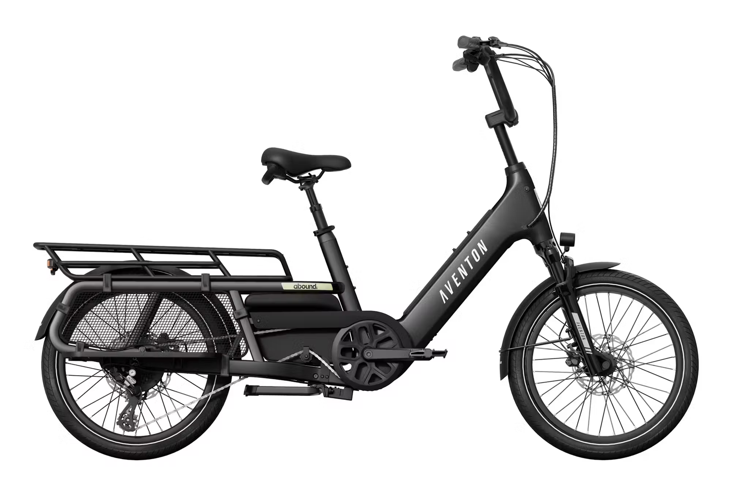 Black Aventon Abound LR cargo e-bike by Rex E-Bikes with large rear rack and compact frame