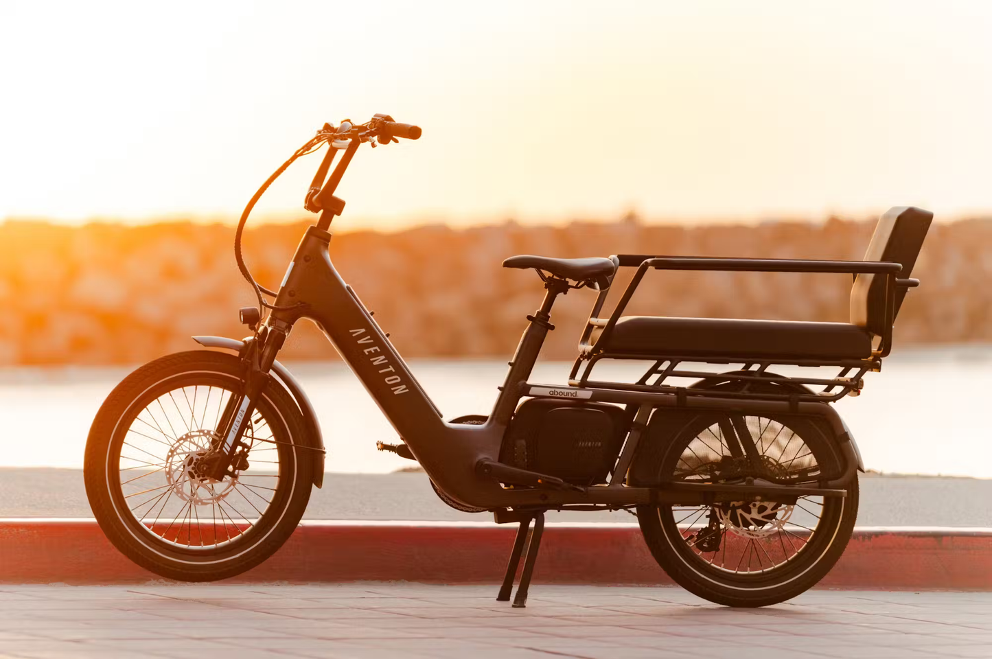 Aventon Abound LR cargo e-bike by Rex E-Bikes parked by the waterfront at sunset with rear cargo rack