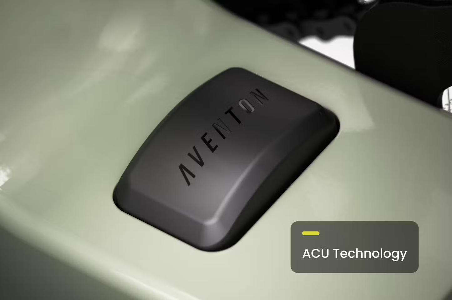 Close-up of Aventon Abound LR cargo e-bike battery pack showcasing ACU technology by Rex E-Bikes