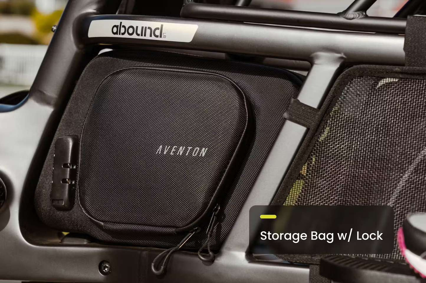 Close-up of Aventon Abound LR cargo e-bike storage bag with lock on Rex E-Bikes frame