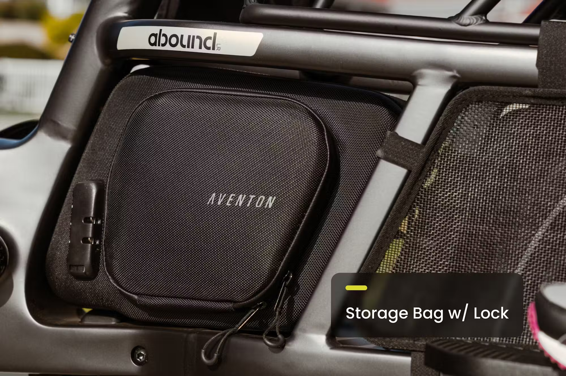 Close-up of Aventon Abound LR cargo e-bike storage bag with lock on Rex E-Bikes frame