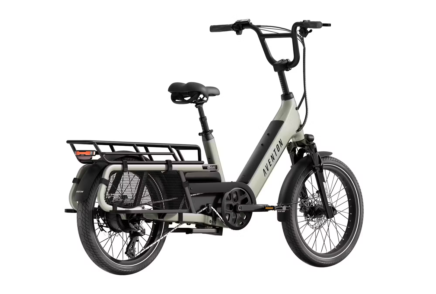 Rex E-Bikes Aventon Abound LR cargo e-bike in gray with rear cargo rack and black handlebars