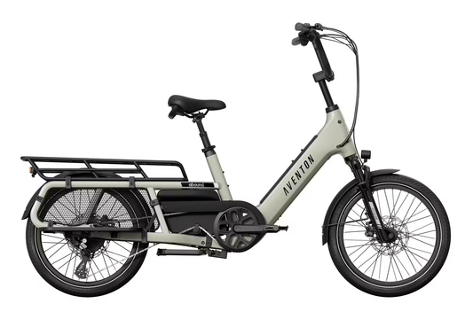 Rex E-Bikes Aventon Abound LR cargo e-bike in gray with rear cargo rack and electric motor