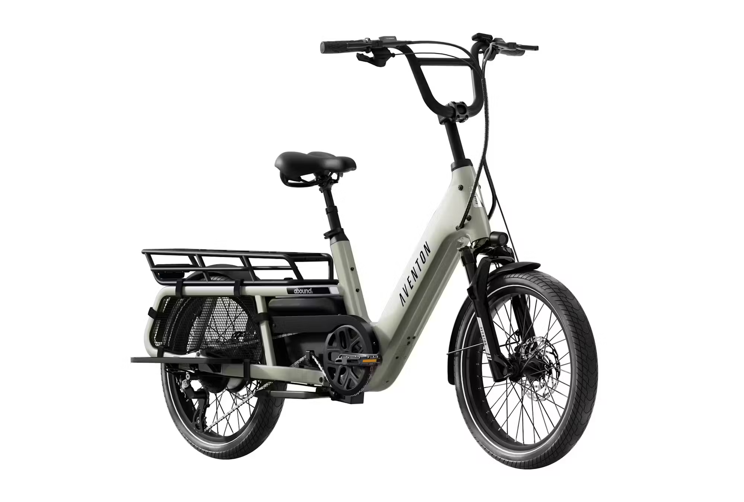Aventon Abound LR cargo e-bike by Rex E-Bikes in gray with rear cargo rack and black handlebars