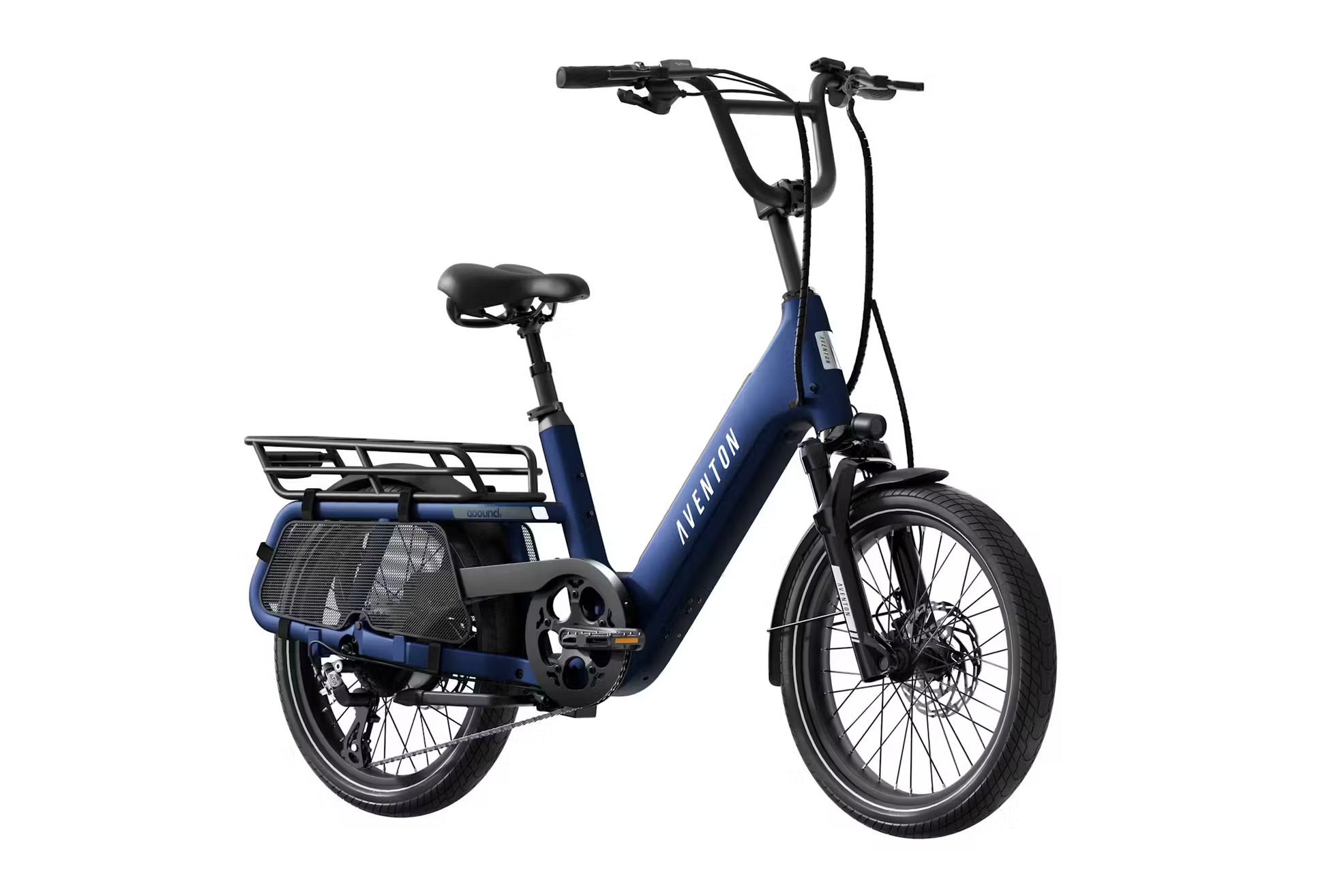 Rex E-Bikes Aventon Abound SR cargo e-bike in blue with rear cargo rack and step-through frame