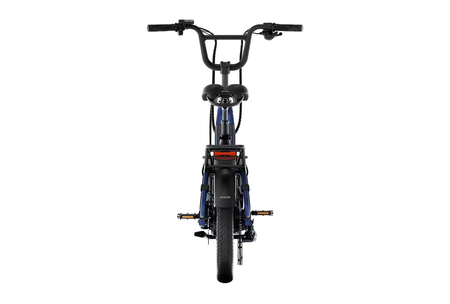 Front view of Aventon Abound SR cargo e-bike by Rex E-Bikes showing handlebars and wide tire