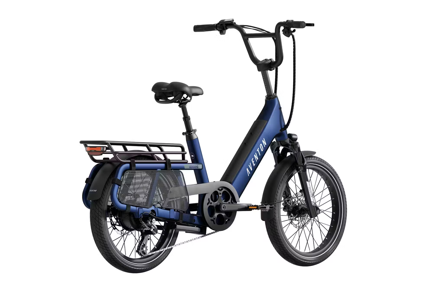 Rex E-Bikes Aventon Abound SR cargo e-bike in blue with rear cargo rack and sturdy frame
