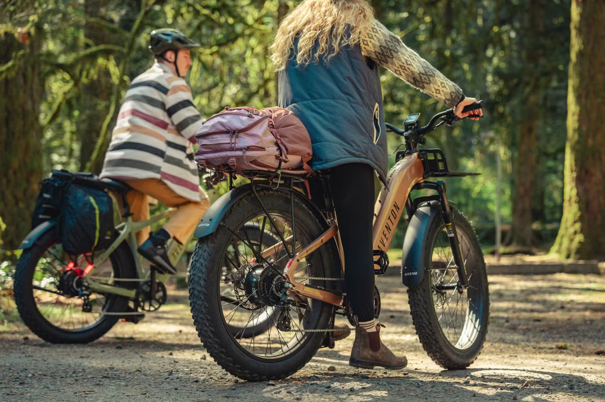 Rex E-Bikes Aventon Aventure.3 step-through e-bike with fat tires and rear rack in forest setting