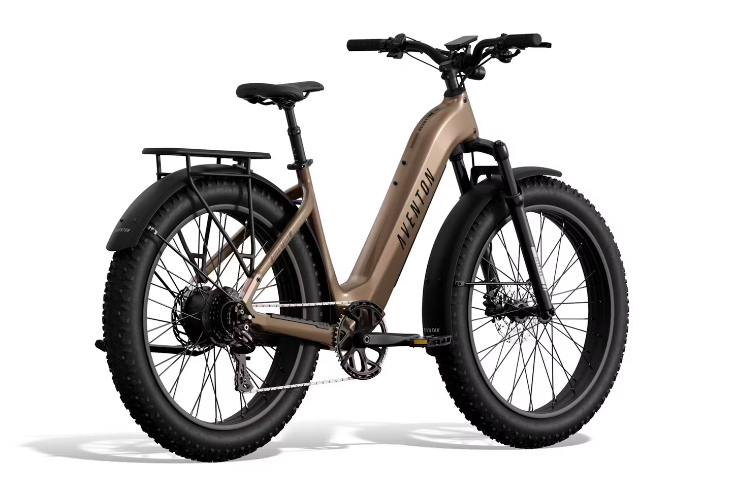 Rex E-Bikes Aventon Aventure.3 step-through e-bike with fat tires and rear cargo rack in bronze