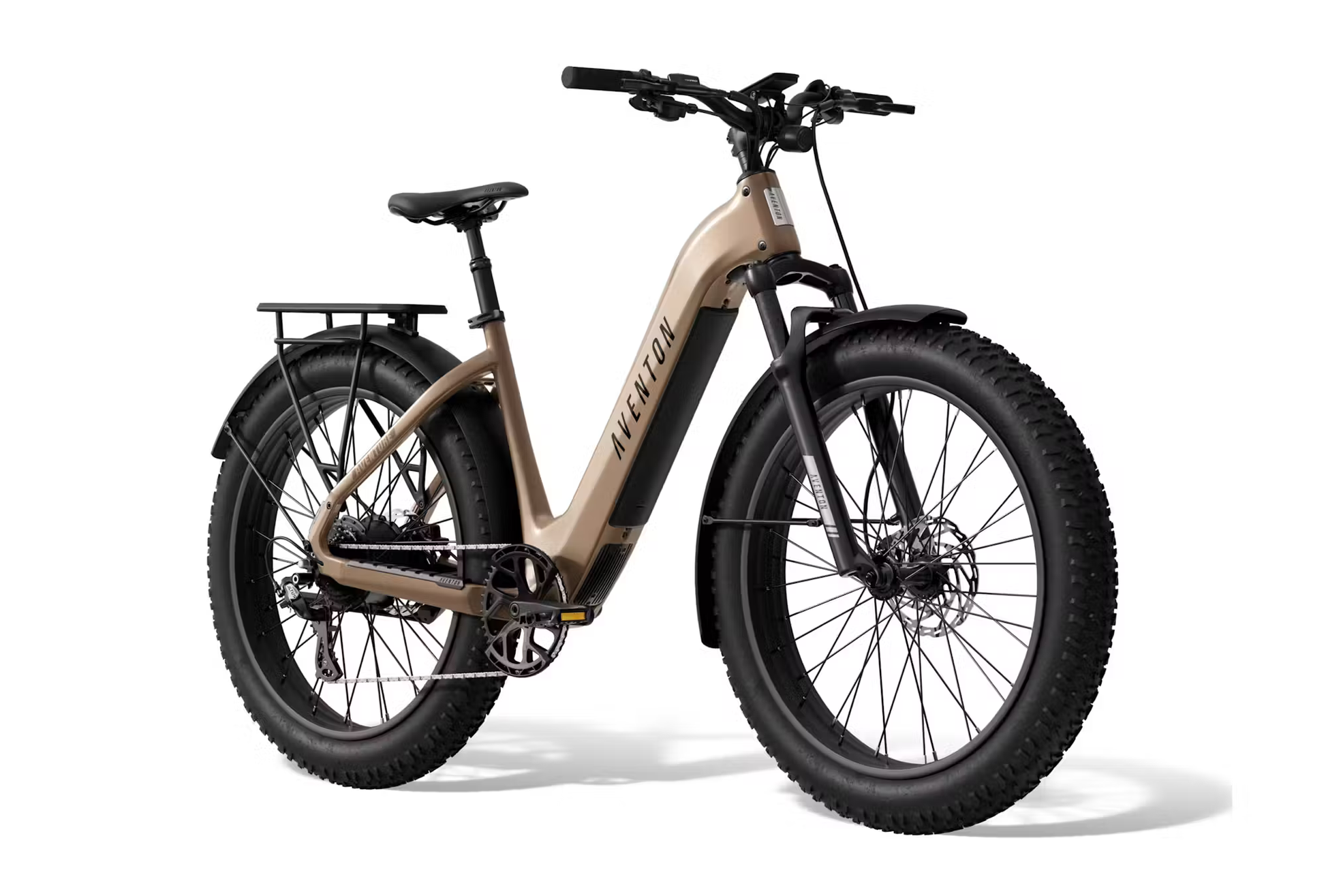 Rex E-Bikes Aventon Aventure.3 step-through e-bike in tan with fat tires and rear rack