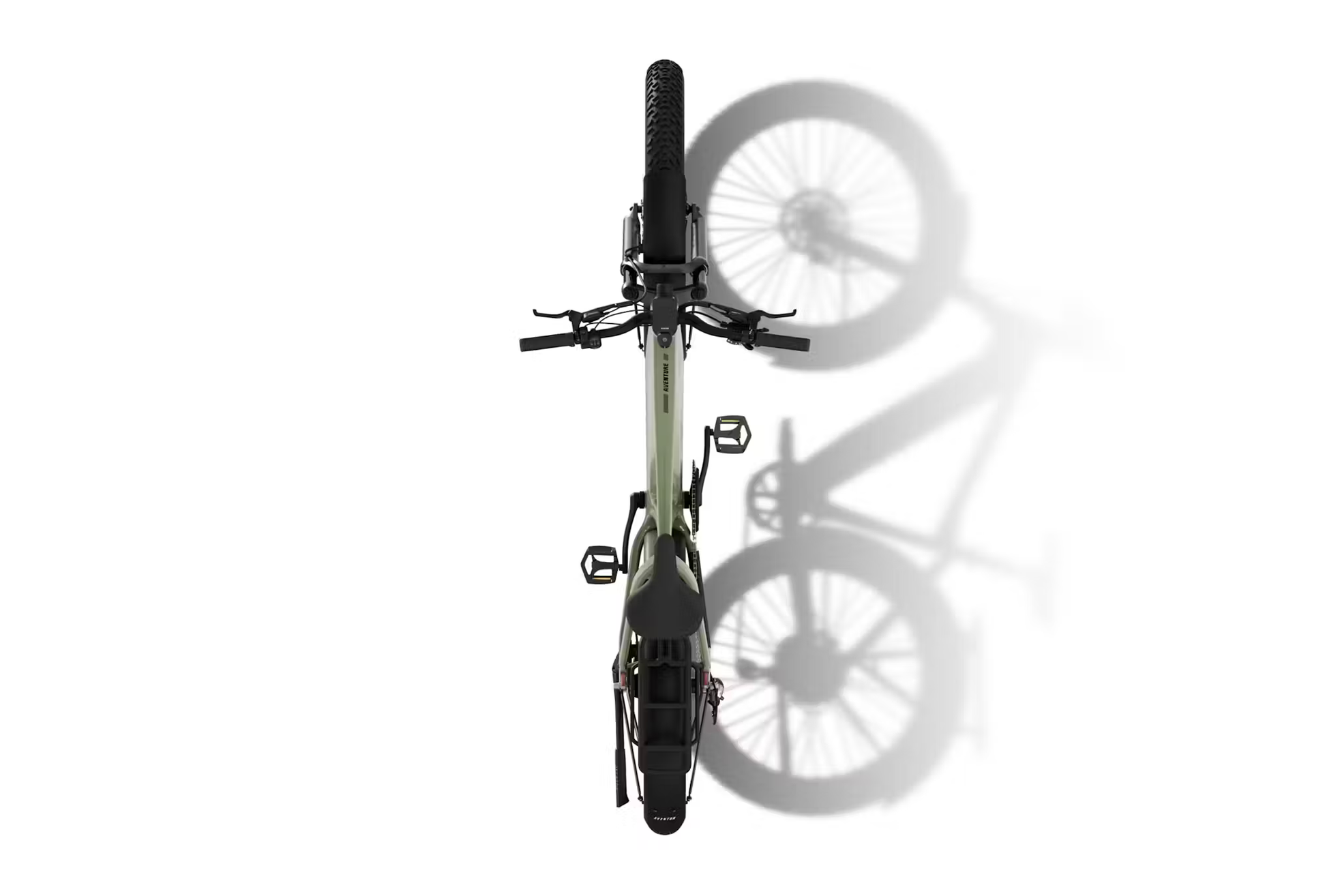 Top view of Rex E-Bikes Aventon Aventure.3 e-bike for sale with black tires and green frame