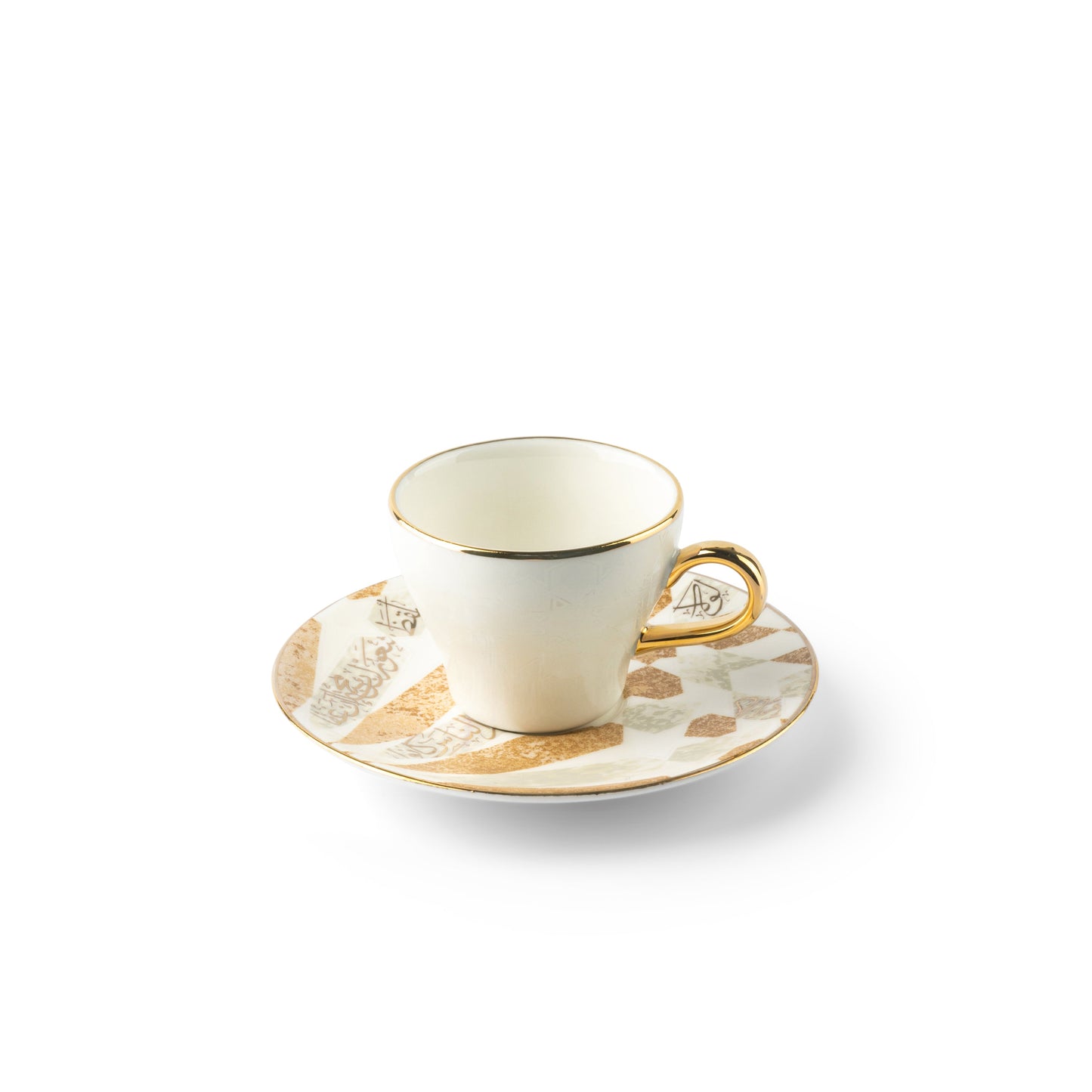 Beige and gold espresso cups set by Otantik Home featuring elegant gold handle and patterned saucer