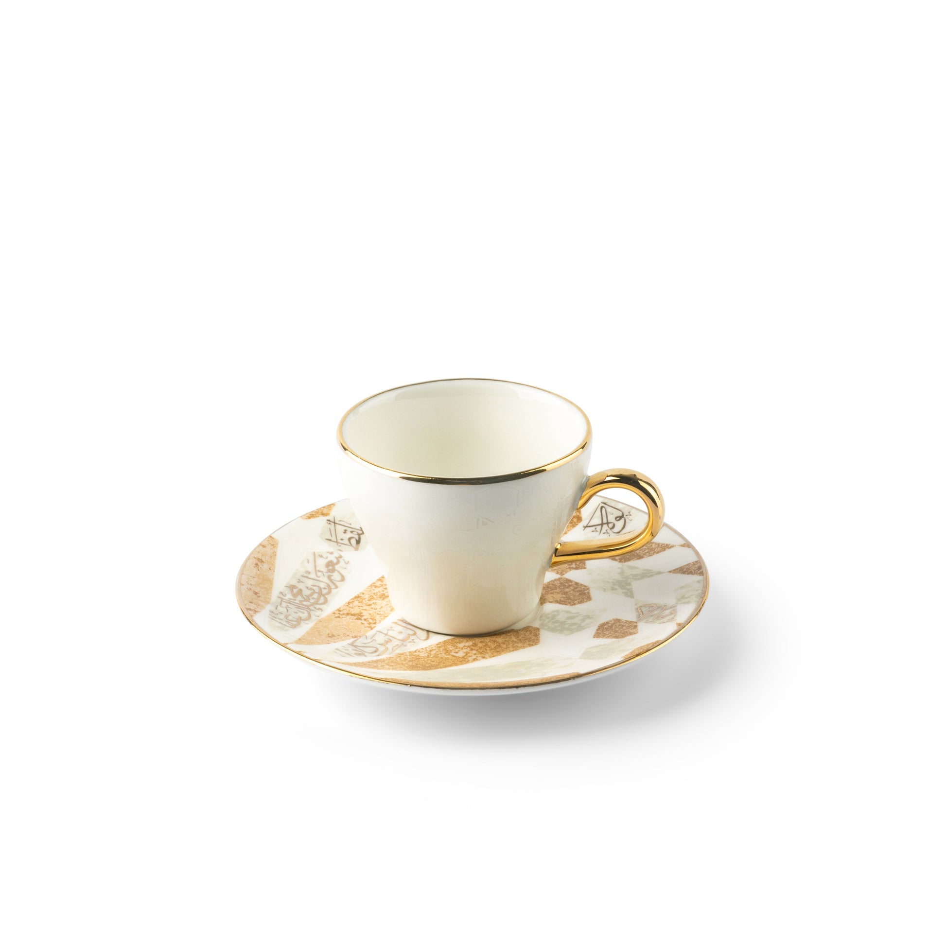Beige and gold espresso cups set by Otantik Home featuring elegant gold handle and patterned saucer