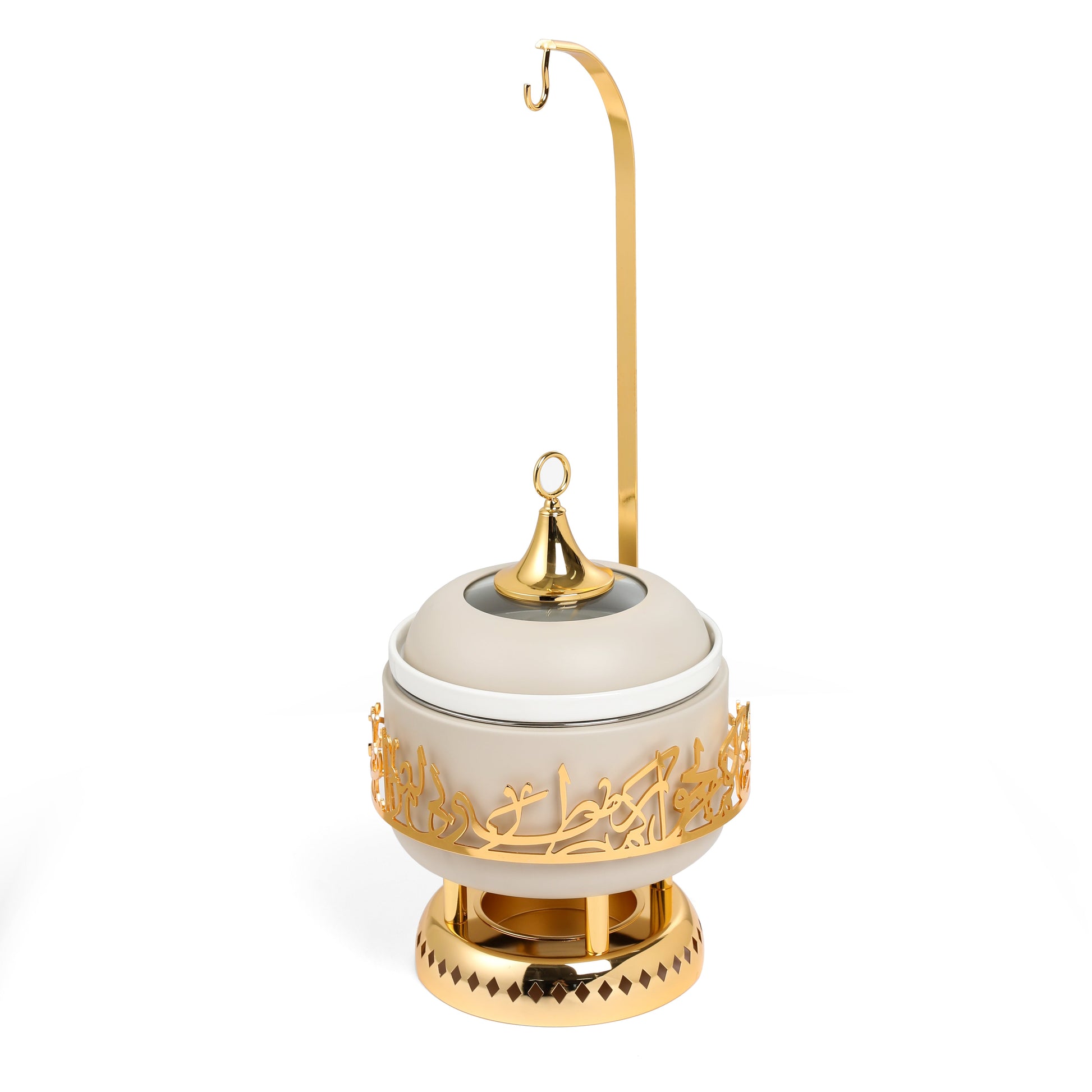 Otantik Home beige and gold food warmer with decorative gold accents and hanging hook