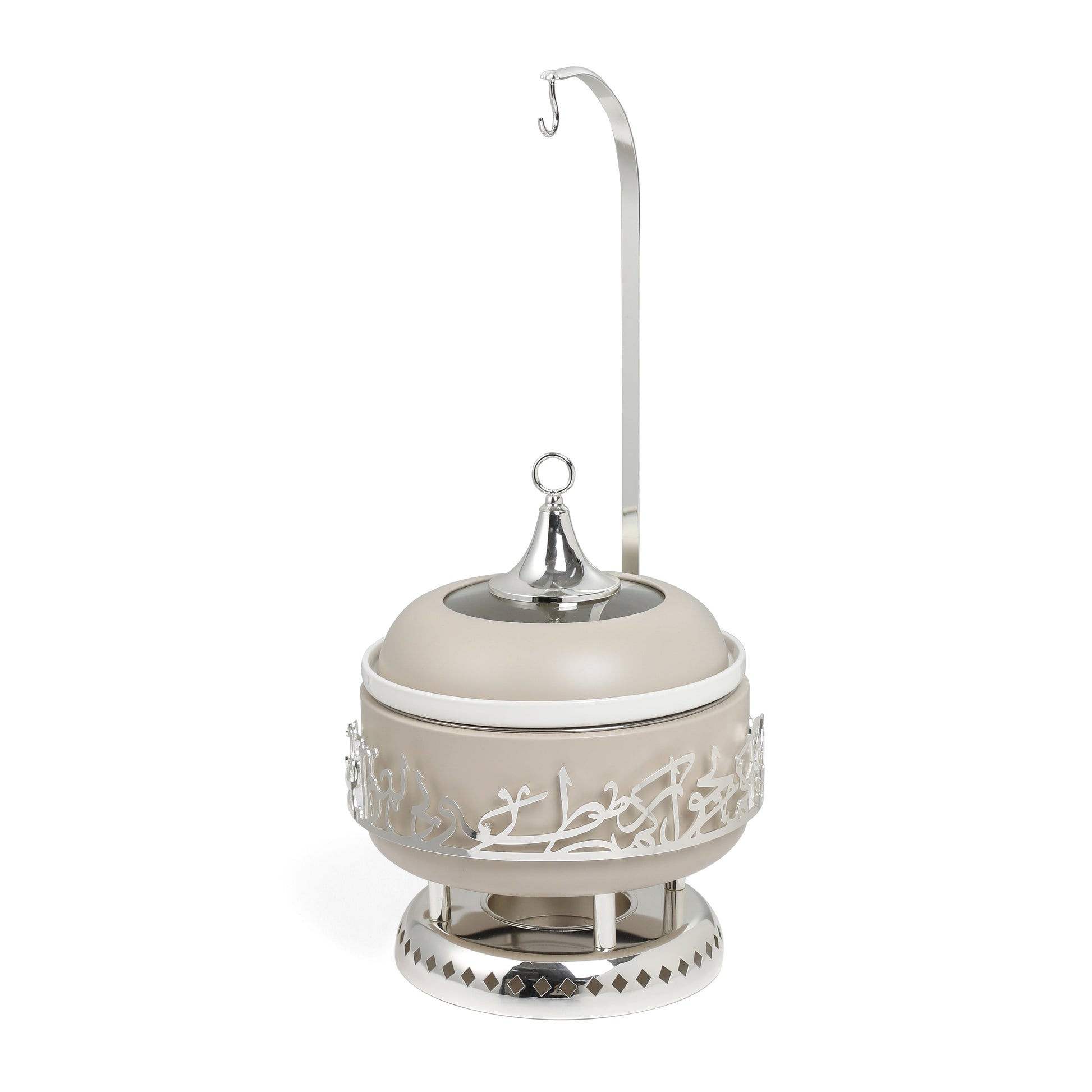 Otantik Home beige and silver chafer for buffet with decorative calligraphy and lid hook