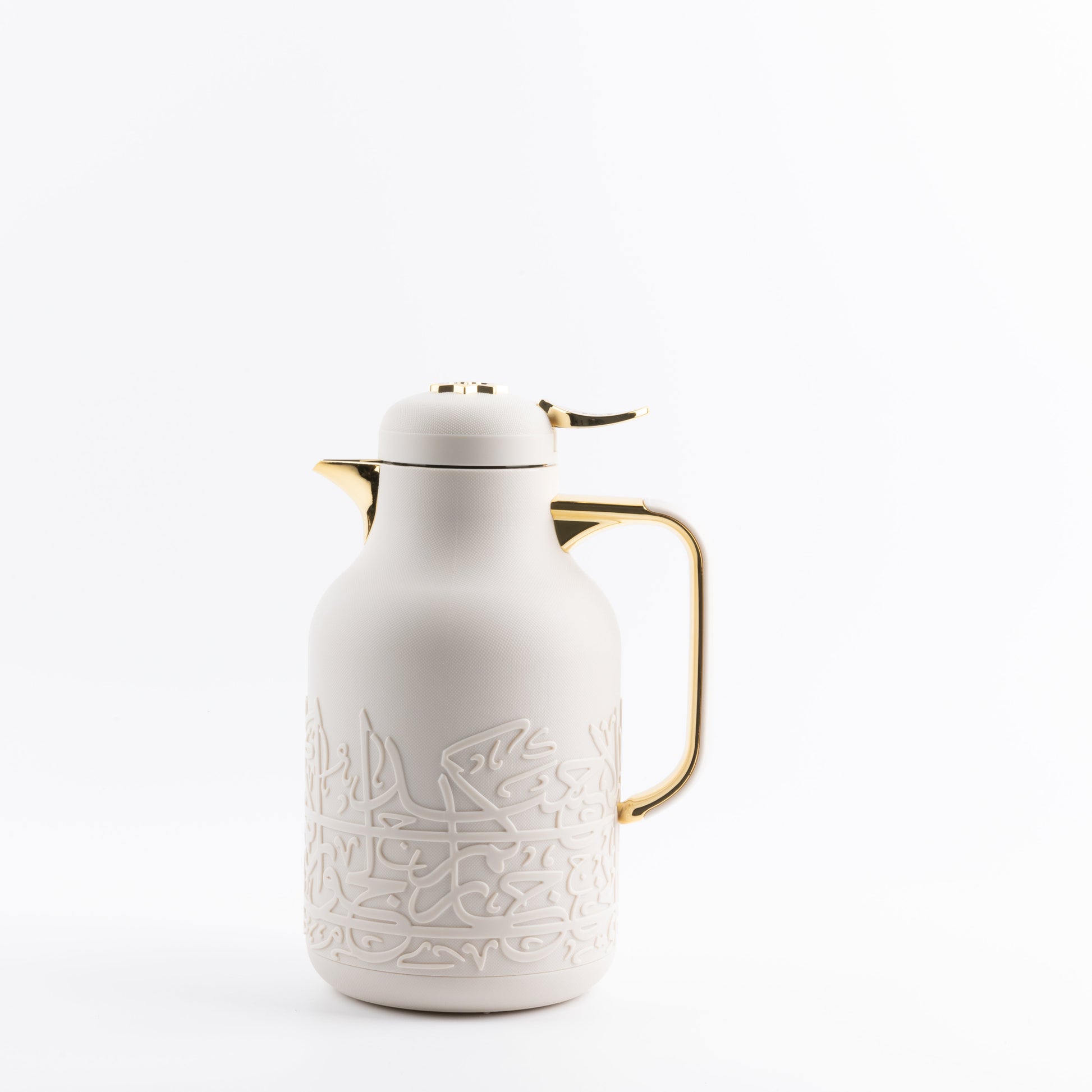 Beige gold vacuum flask with intricate embossed design and gold handle by Otantik Home