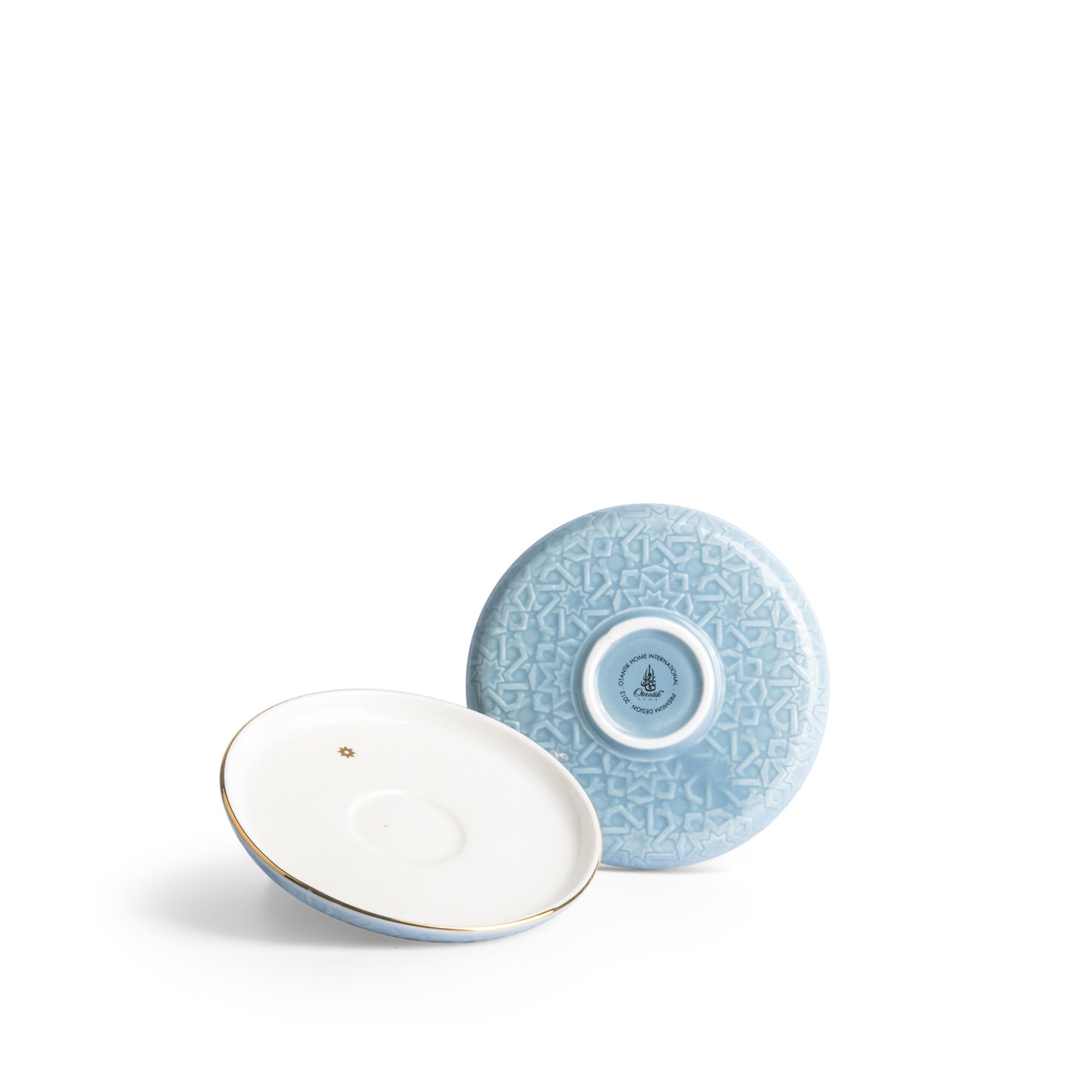 Otantik Home baby blue Turkish coffee cups set saucers with intricate pattern and gold rim detail