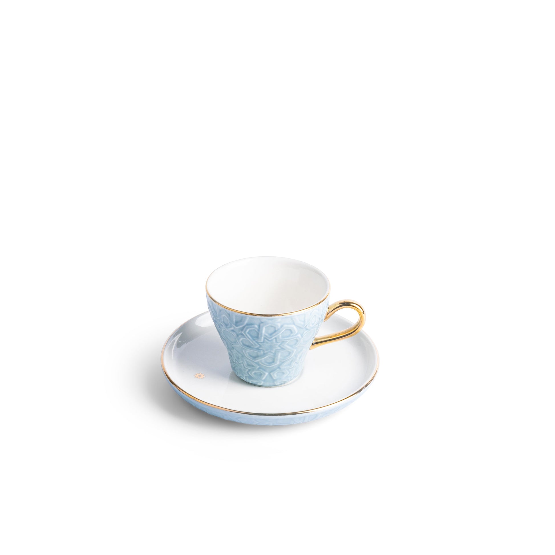 Otantik Home baby blue Turkish coffee cups set with intricate patterns and gold accents