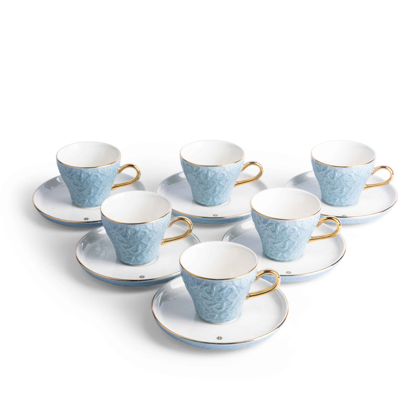 Otantik Home baby blue Turkish coffee cups set with gold handles and matching saucers