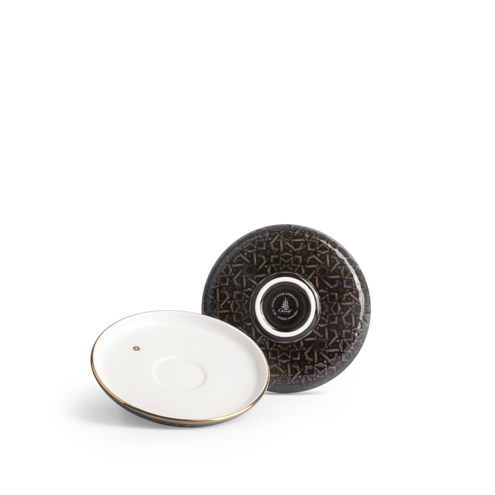 Otantik Home black and gold espresso cup set featuring elegant gold trim and intricate textured design