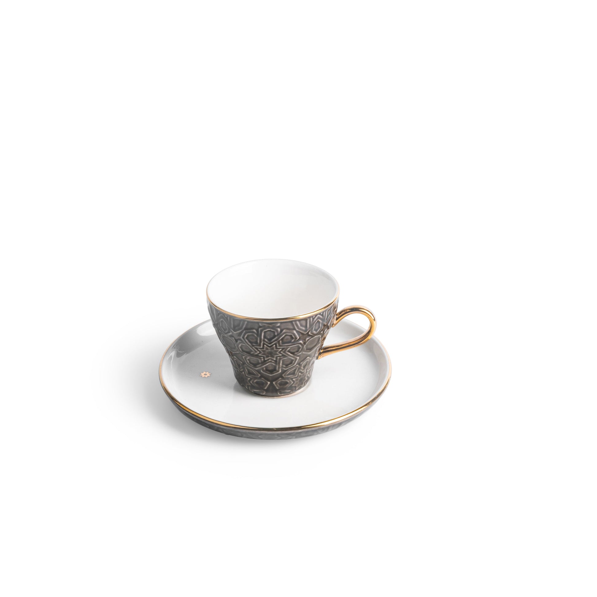 Otantik Home black and gold espresso cup set featuring detailed patterns and gold accents