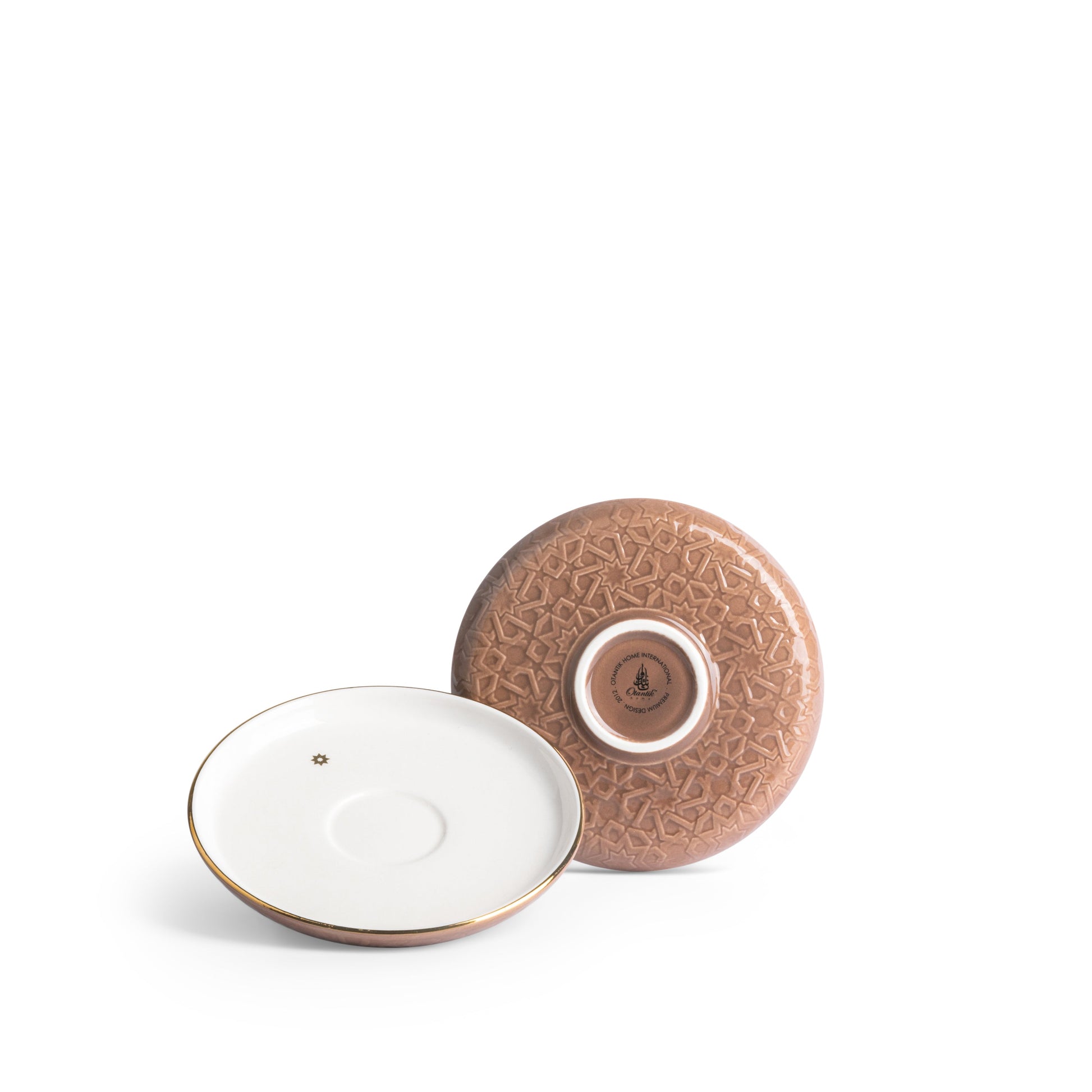 Otantik Home brown and gold espresso cup set saucer with textured brown underside and white top