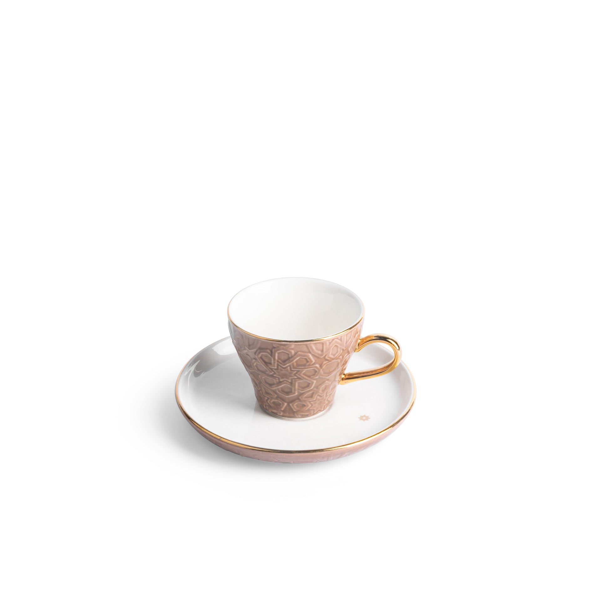 Otantik Home brown and gold espresso cup set with intricate textured design and matching saucer