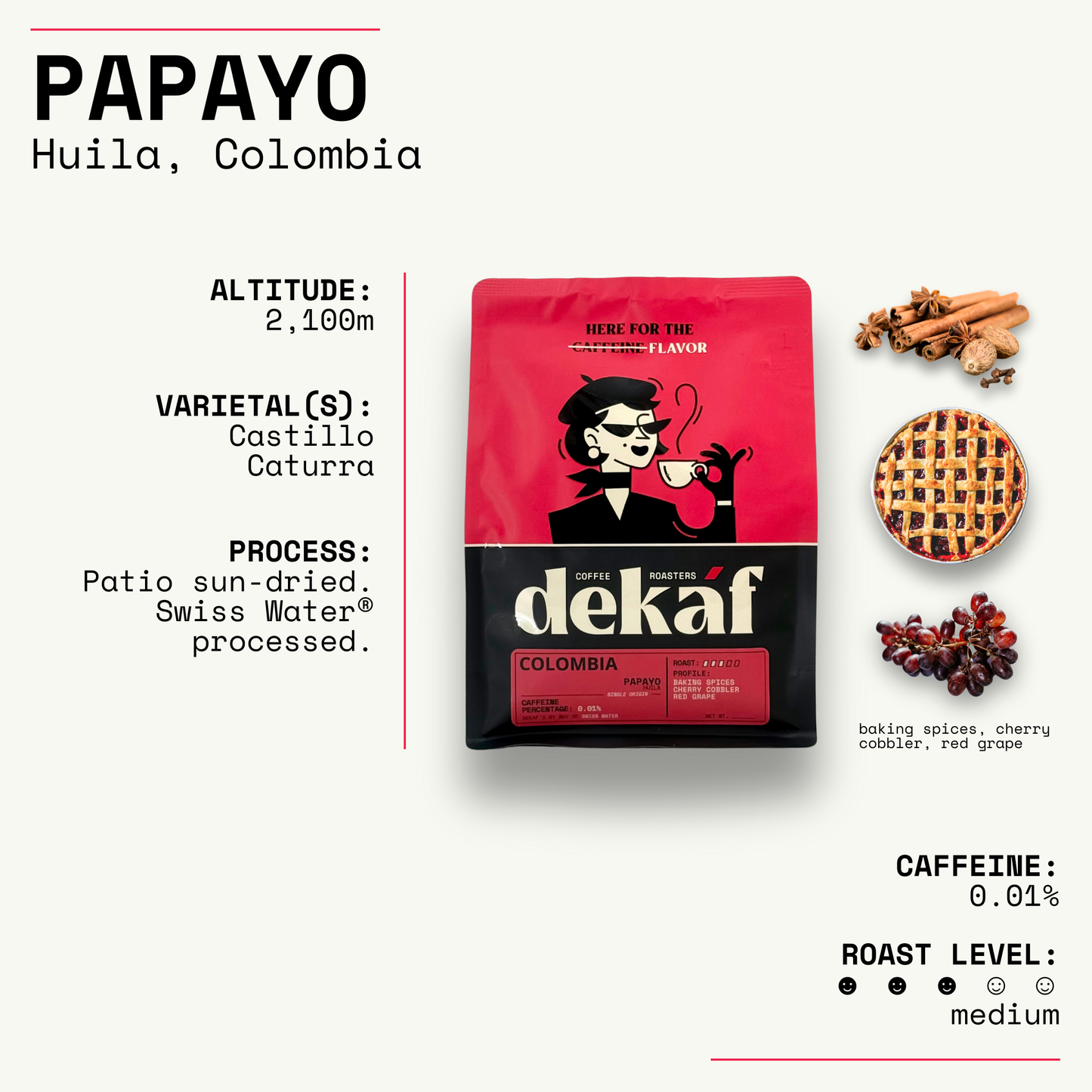 DEKÁF Colombia Papayo coffee beans decaf coffee package with baking spices and cherry cobbler