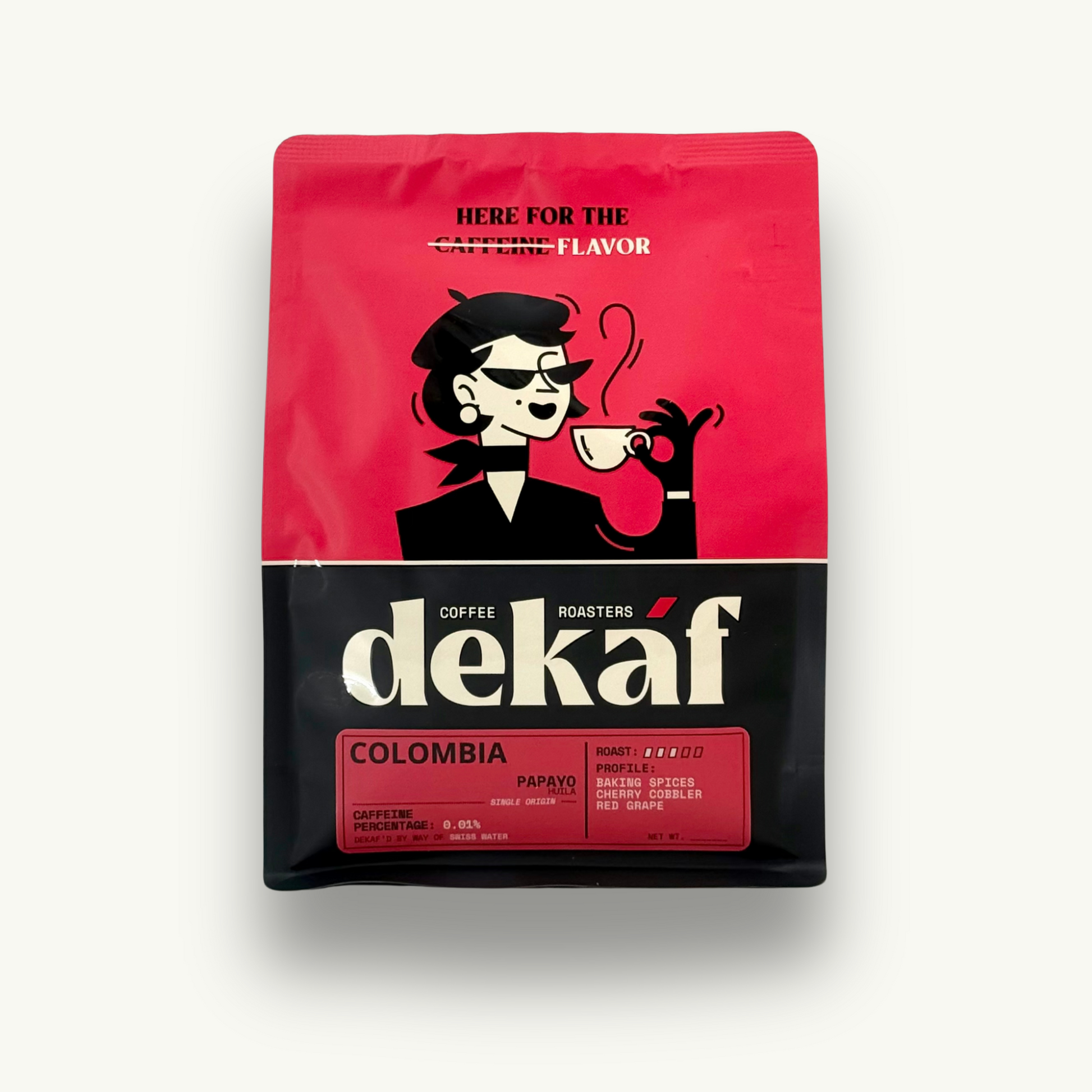DEKÁF decaf coffee bag featuring Colombia Papayo coffee beans with tasting notes printed on front