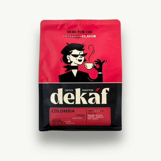 DEKÁF decaf coffee bag featuring Colombia Papayo coffee beans with tasting notes printed on front
