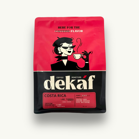 DEKÁF Costa Rica Las Torres coffee decaf coffee bag with stylish red and black design
