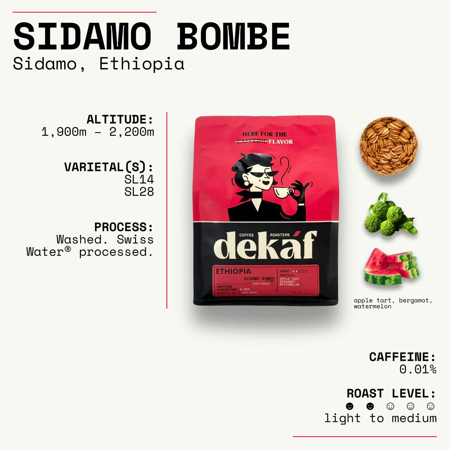 DEKÁF Ethiopia Sidamo Bombe coffee decaf pack with flavor notes of apple tart bergamot and watermelon